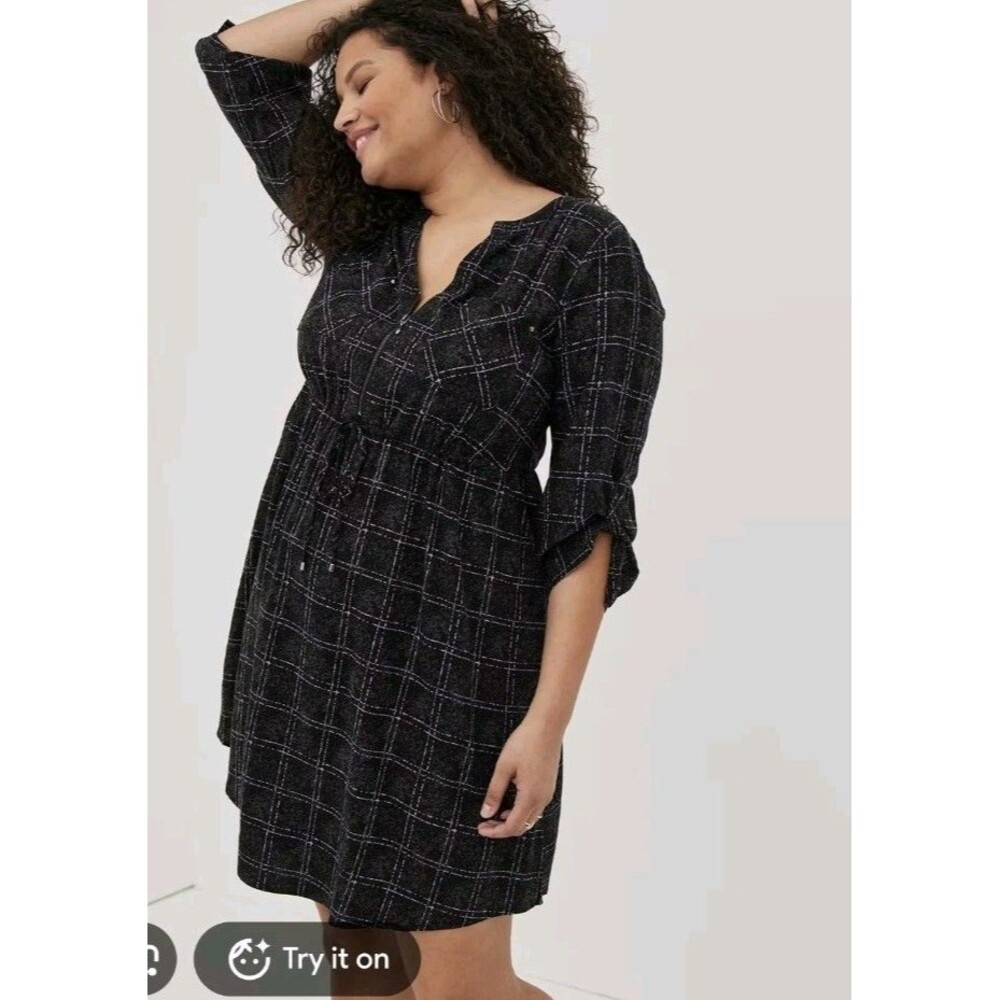 NWT Torrid Black White Plaid Challis Shirt Dress Zip Front Drawstring 1X 14/16